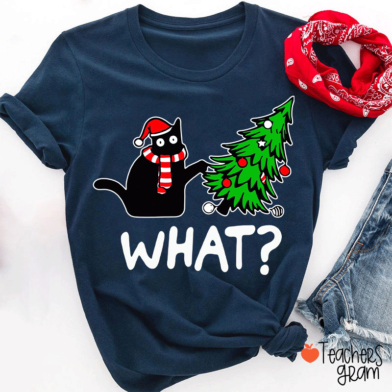 Cat Pushes Christmas Tree Teacher T-Shirt