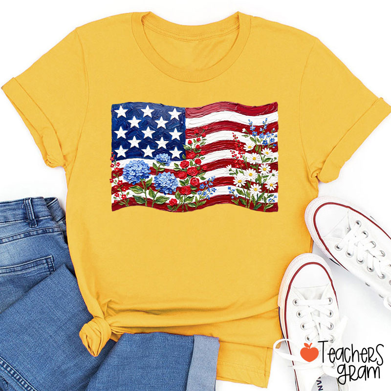 Floral American Flag Teacher T-Shirt