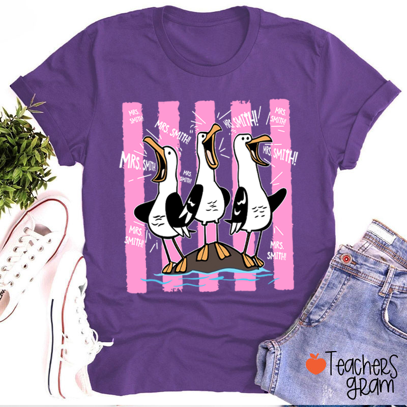 Personalized Pink Stripes Seagull Meme Teacher T-Shirt