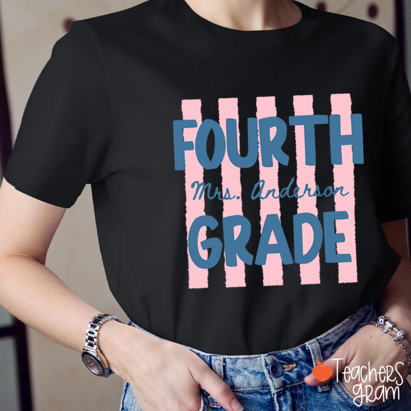 Personalized Name And Grade Preppy Stripes Teacher T-Shirt