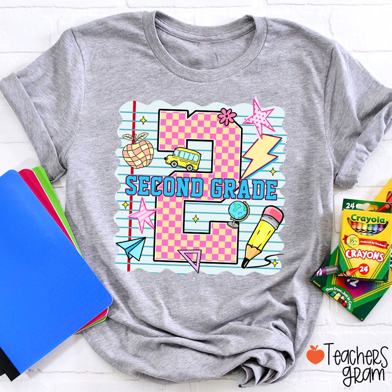 Personalized Pink Plaid And Notebook Style Teacher T-Shirt