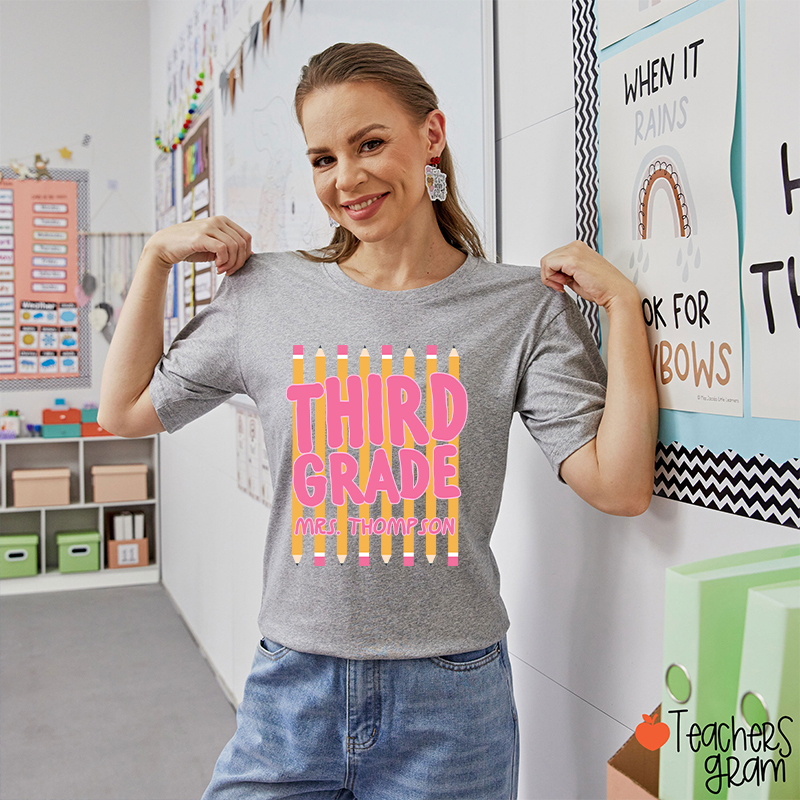 Personalized Name And Grade Pencil Stripes Teacher T-Shirt