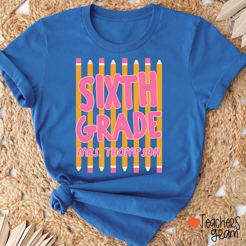 Personalized Name And Grade Pencil Stripes Teacher T-Shirt