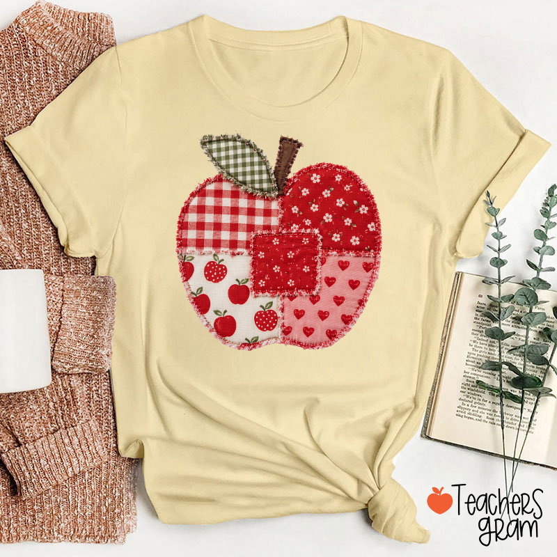 Vintage Patchwork Apple Gingham Floral Heart Teacher Graphic Teacher T-Shirt