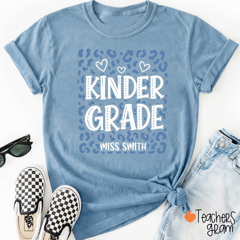 Personalized Name And Grade Leopard Heart Teacher T-Shirt