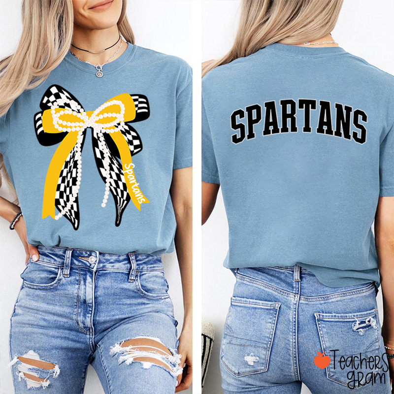 Personalized Mascot Varsity Curved Bow Theme Teacher Two Sided T-Shirt