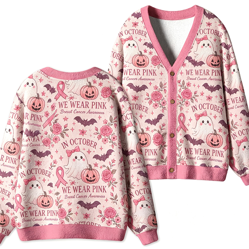 In October We Wear Pink Halloween Ghost All Over Print Teacher Ugly Cardigan Sweater