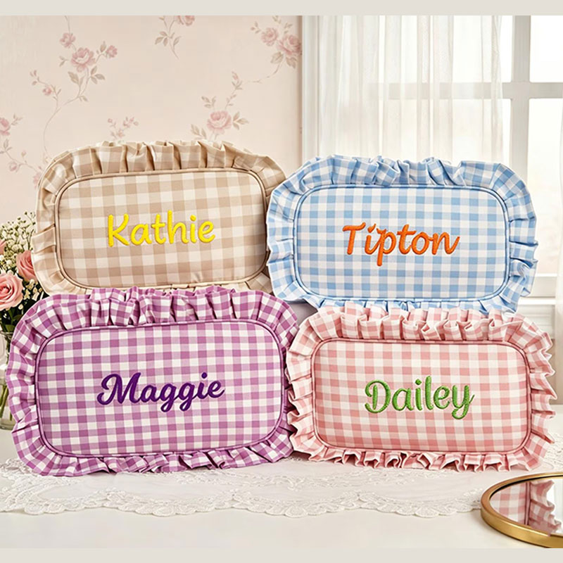 Personalized Gingham Ruffle Makeup Bag