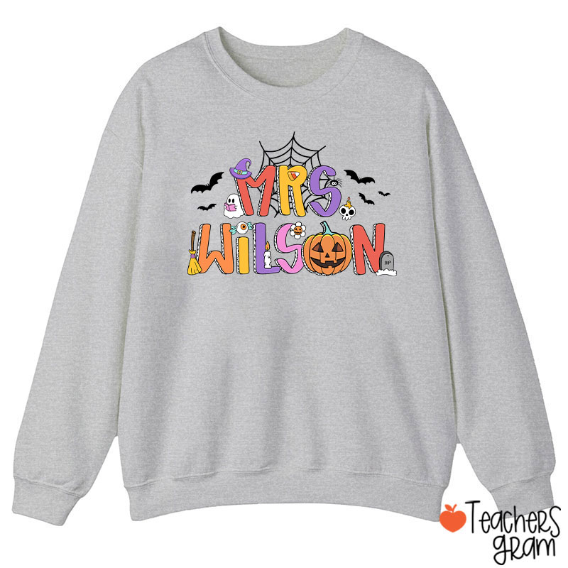 Personalized Name Spider Web Ghost Pumpkin Teacher Sweatshirt
