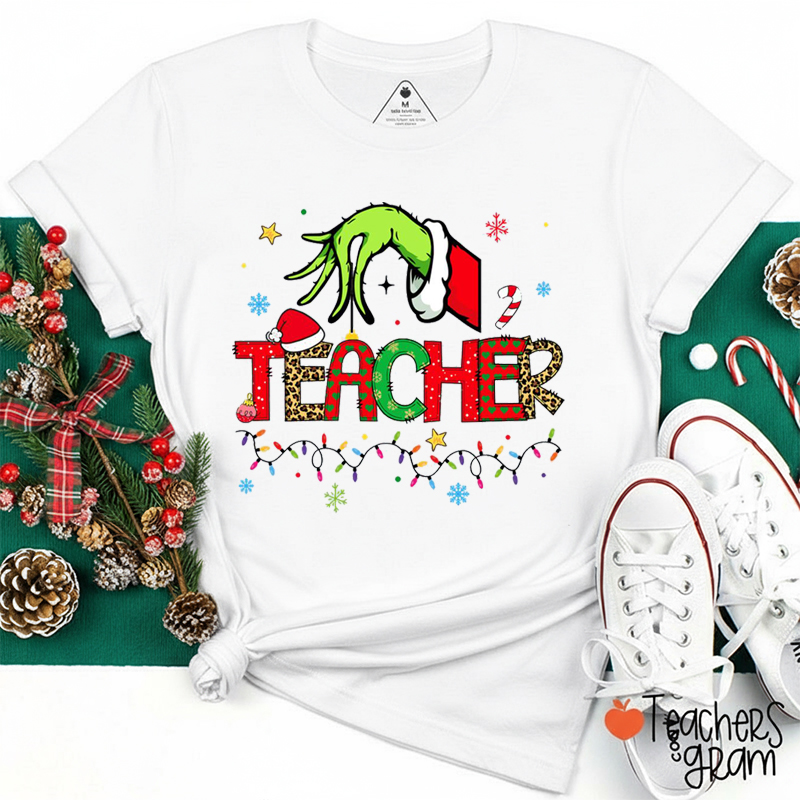 Personalized Text Green Hand Merry Christmas Teacher T-Shirt