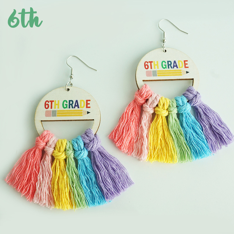 Grade Tassel Rainbow Teacher Wooden Earrings