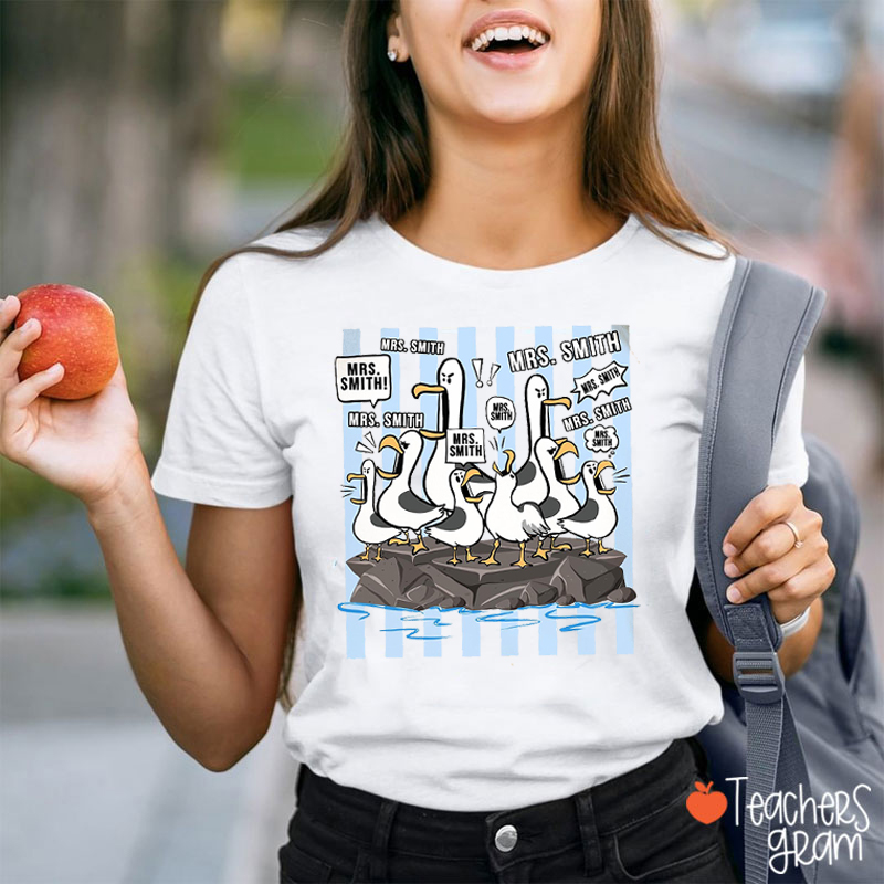 Personalized Name Silly Goose Ocean Rock Blue Stripe Teacher T-Shirt