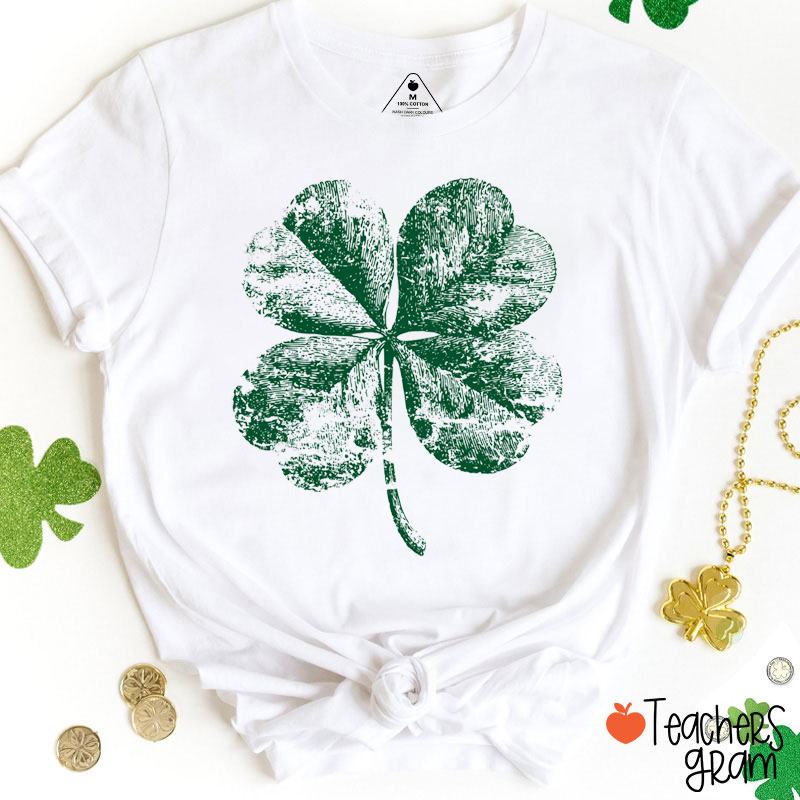 Halftone Four Leaf Clover Distressed Teacher T-Shirt