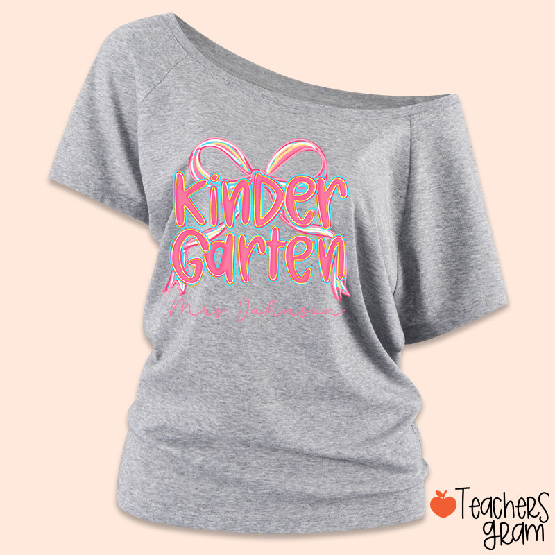 Personalized Grade Pink Bow Teacher Off Shoulder Shirt