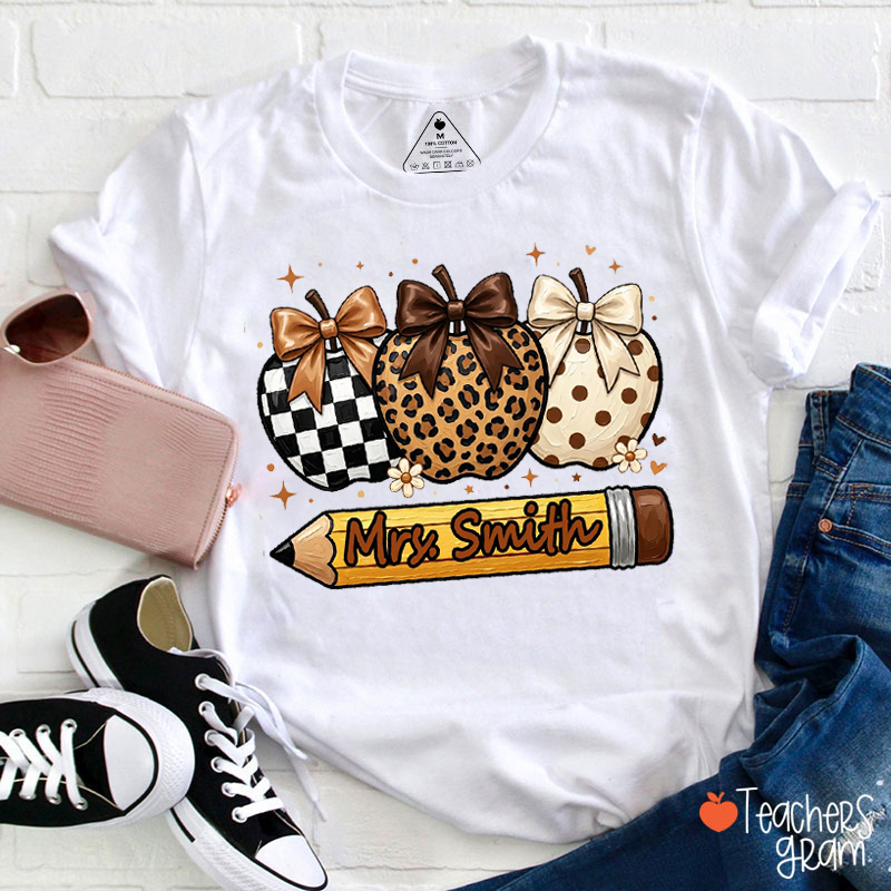 Personalized Leopard Apple Name Teacher T-Shirt