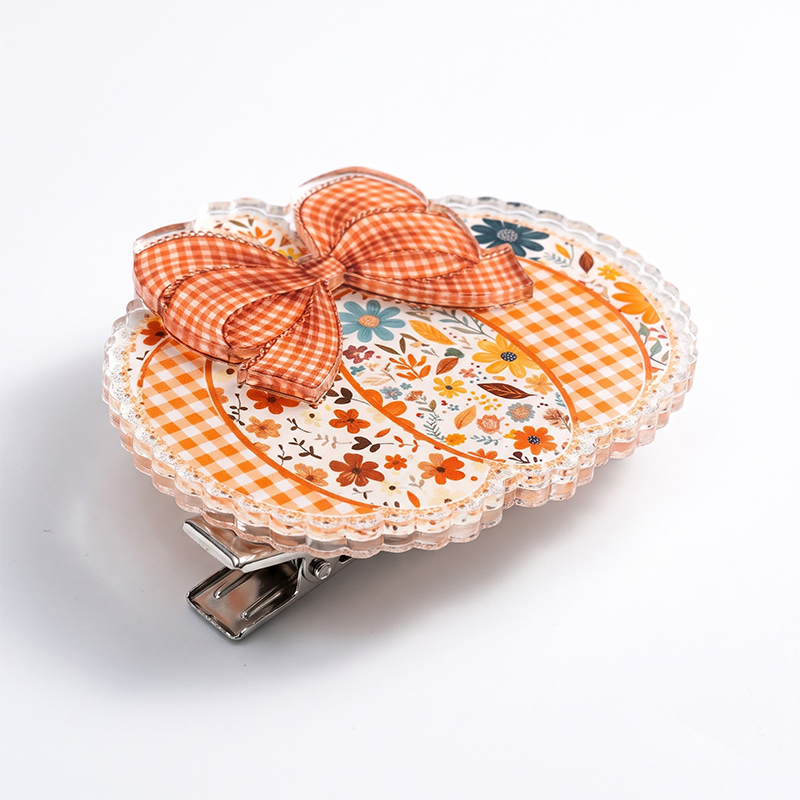 Faux Lace Pumpkin Bow Teacher Acrylic Duckbill Hair Clips