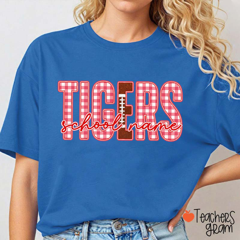 Personalized Mascot And School Name Gingham Football Graphic Teacher T‑Shirt