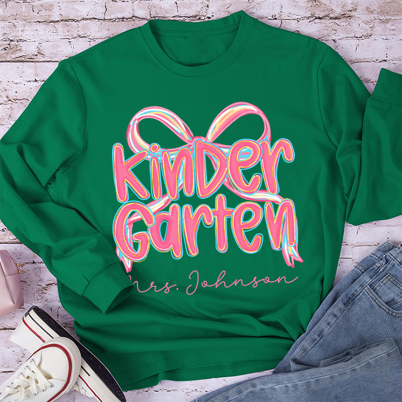 Personalized Grade Pink Bow Teacher Long Sleeve T-Shirt