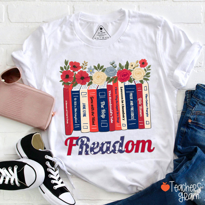Freadom Books Flowers Teacher T-Shirt