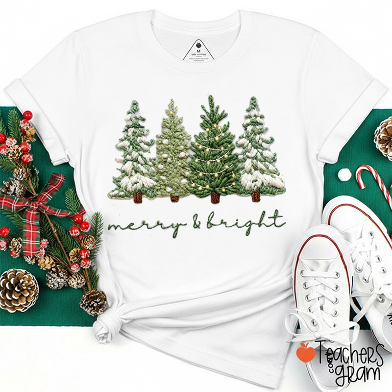Faux Yarn Merry And Bright Teacher T-Shirt