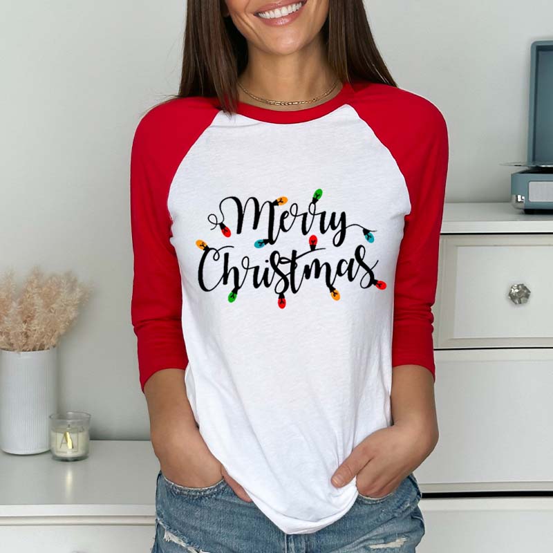 Merry Christmas Light Teacher Raglan Long Sleeve T-Shirt