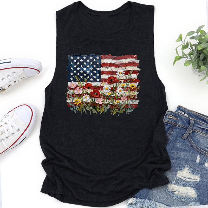American Flag Floral Teacher Tank Top