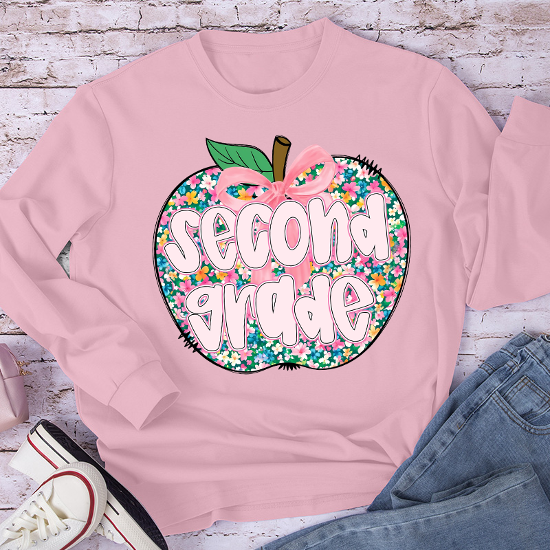 Personalized Grade Flowers Apple Teacher Long Sleeve T-Shirt