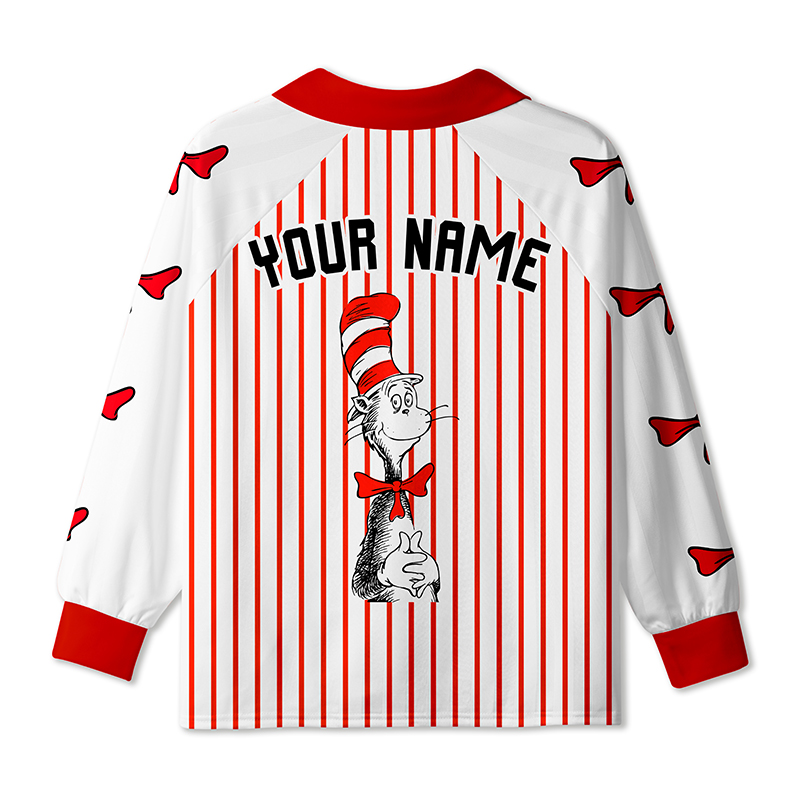 Personalized Team Name And Number Red Hat Cat Teacher Long Sleeve Collar Jersey