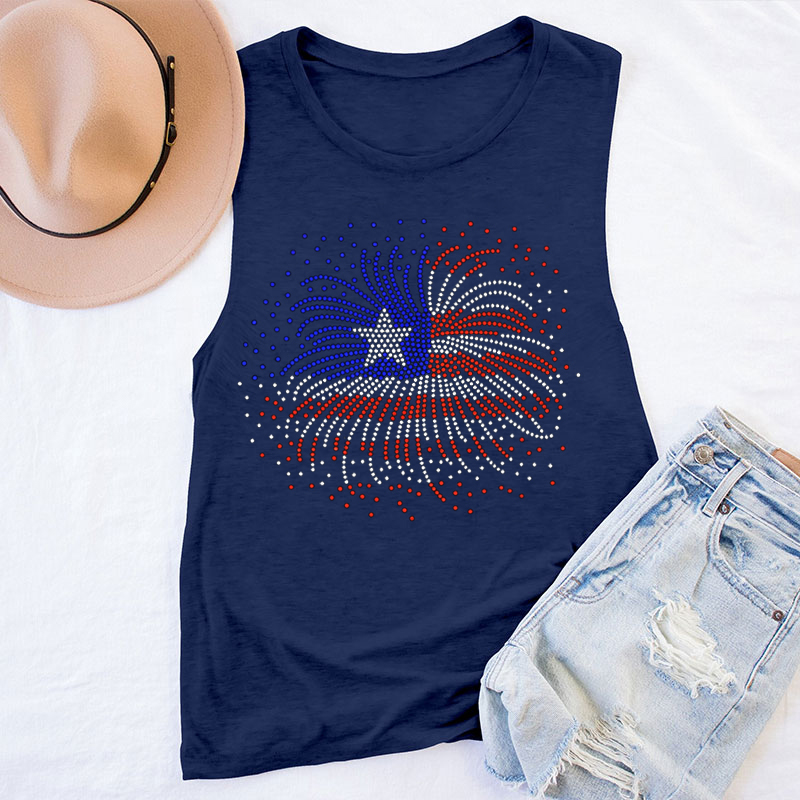 Sparkle Rhinestone Flag Fireworks Teacher Tank Top