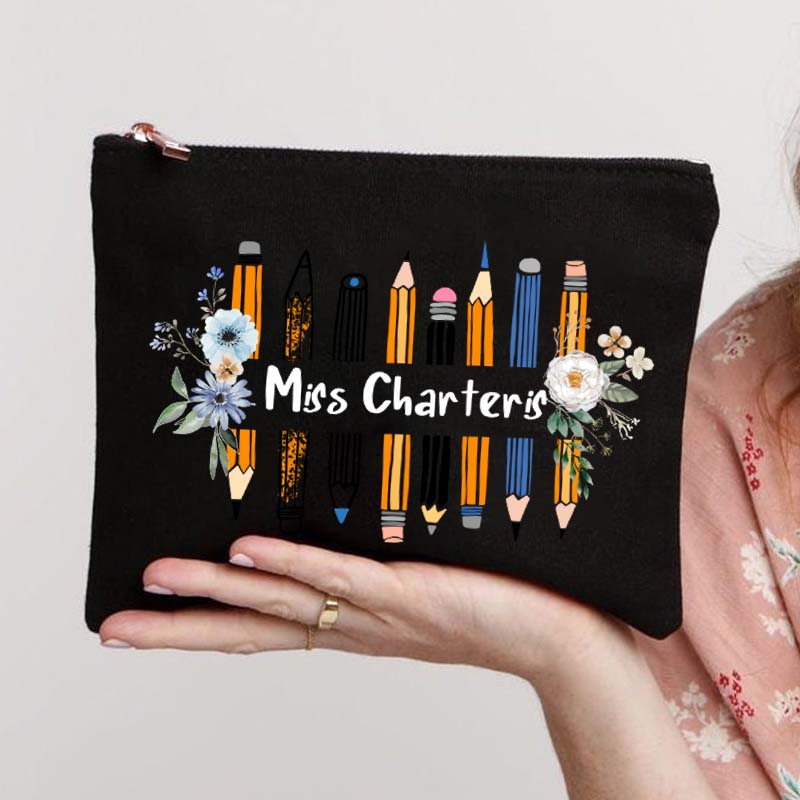 Personalized Name Colored Pencil Flowers Teacher Makeup Bag