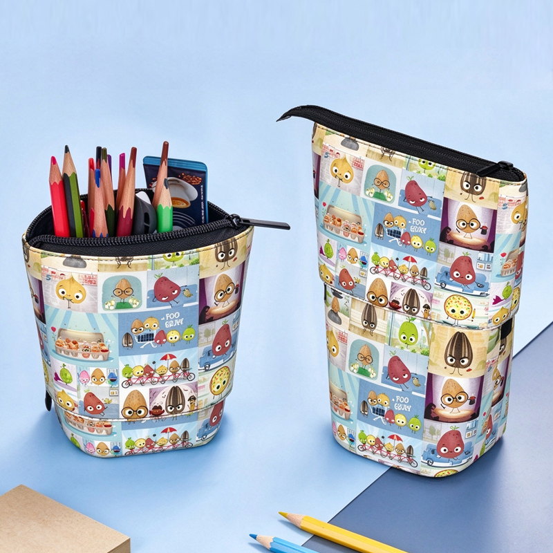 Food Group Cartoon Grid Print Telescopic Teacher Pop-Up Standing Pencil Case