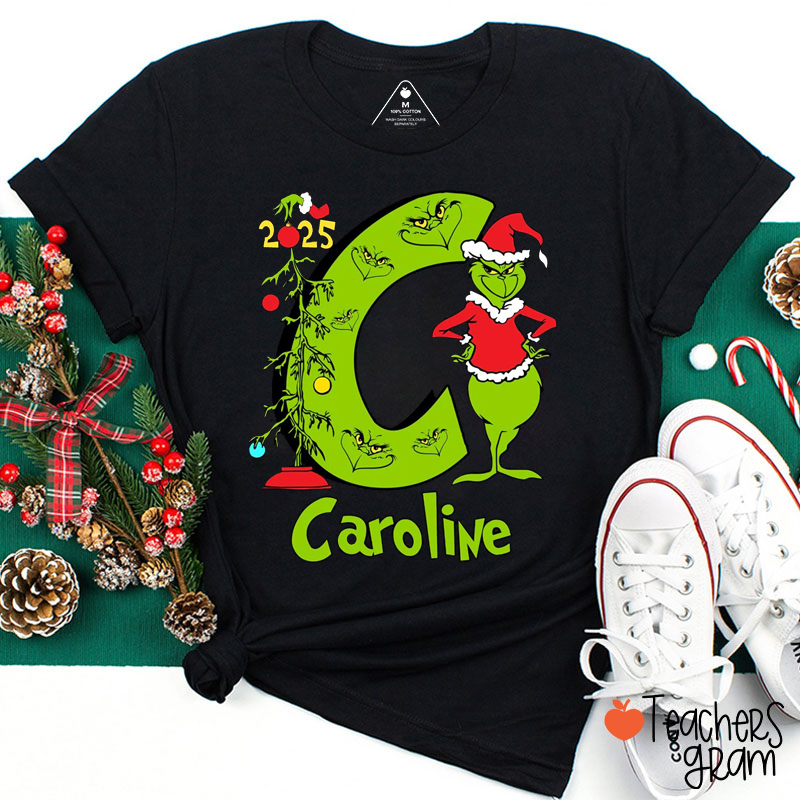 Personalized Name And Initial Green Guy Christmas Teacher T-Shirt