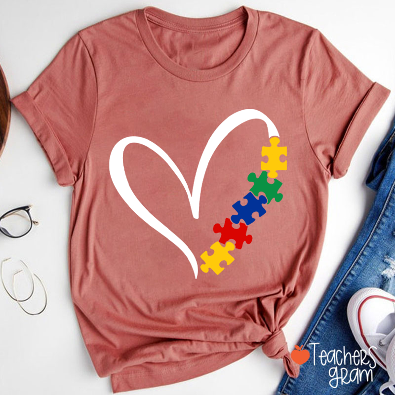 Heart Autism Awareness Puzzle Teacher T-Shirt