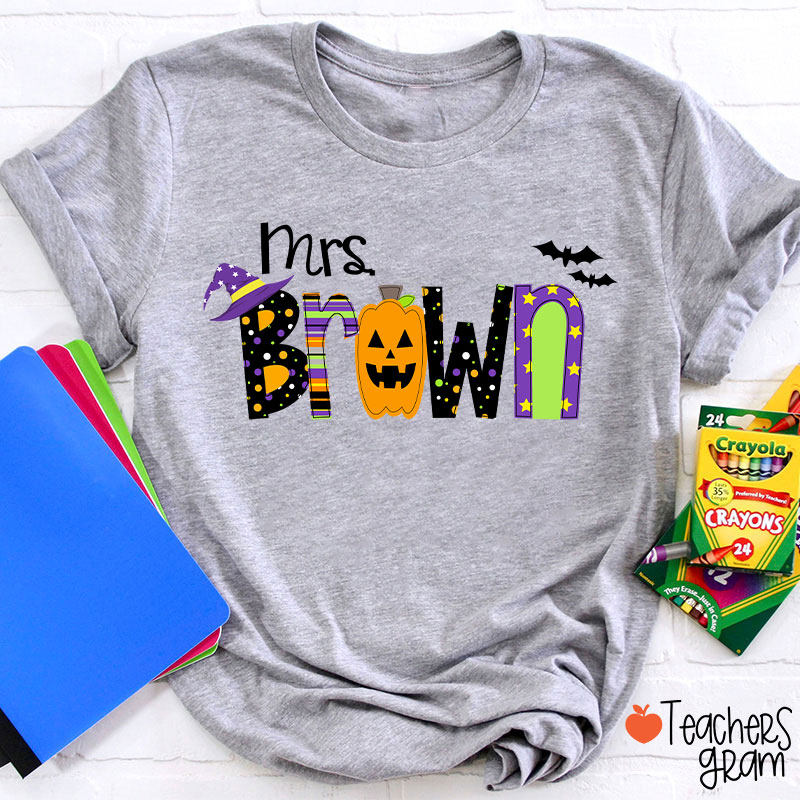 Personalized Name Pumpkin Halloween Teacher T-Shirt