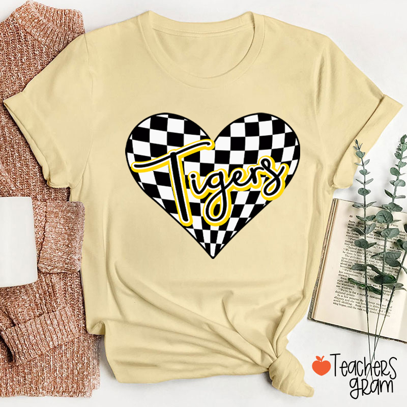 Personalized Mascot Checkerboard Love Heart Teacher T-Shirt
