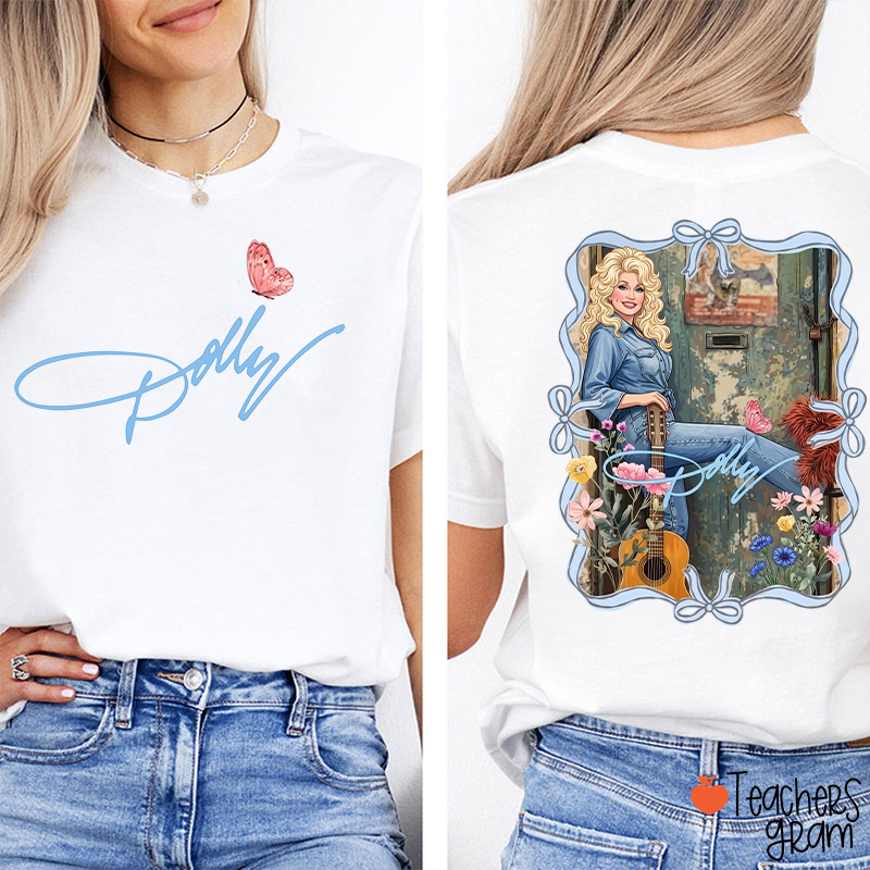 Dolly Portrait Guitar Butterfly Floral Teacher Two Sided T‑Shirt