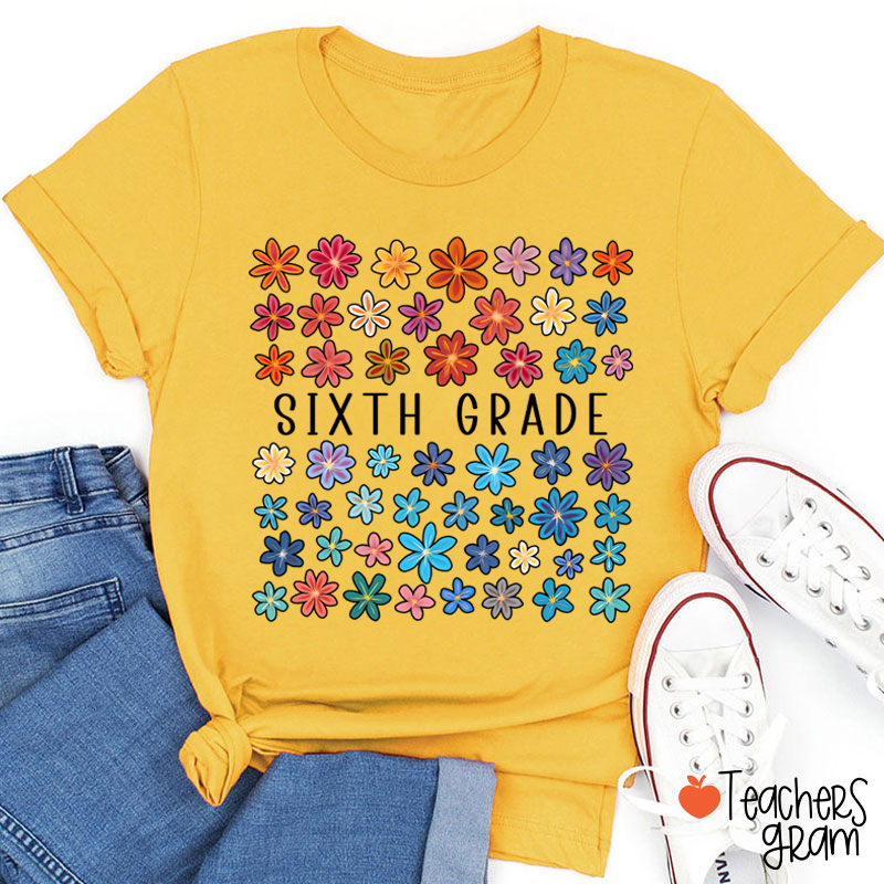 Personalized Grade Colored Flowers Teacher T-Shirt