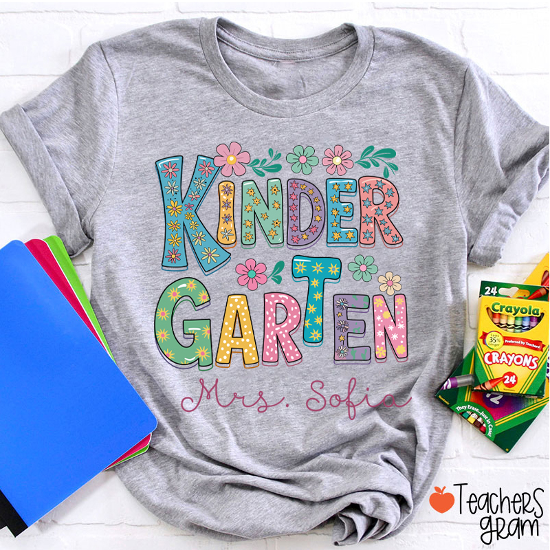 Personalized Name And Grade Flowers Fonts Teacher T-Shirt