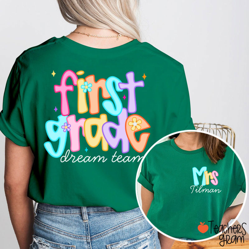 Personalized Grade And Name Candy Color Fonts Teacher Two Sided T-Shirt
