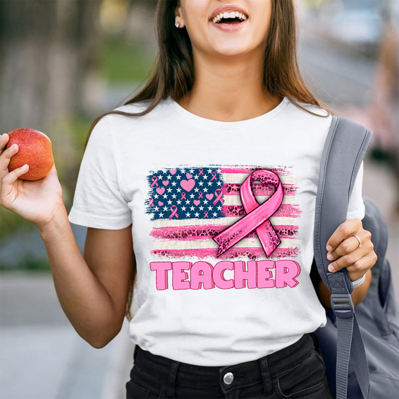 Personalized American Flag With Pink Ribbon Teacher T-Shirt