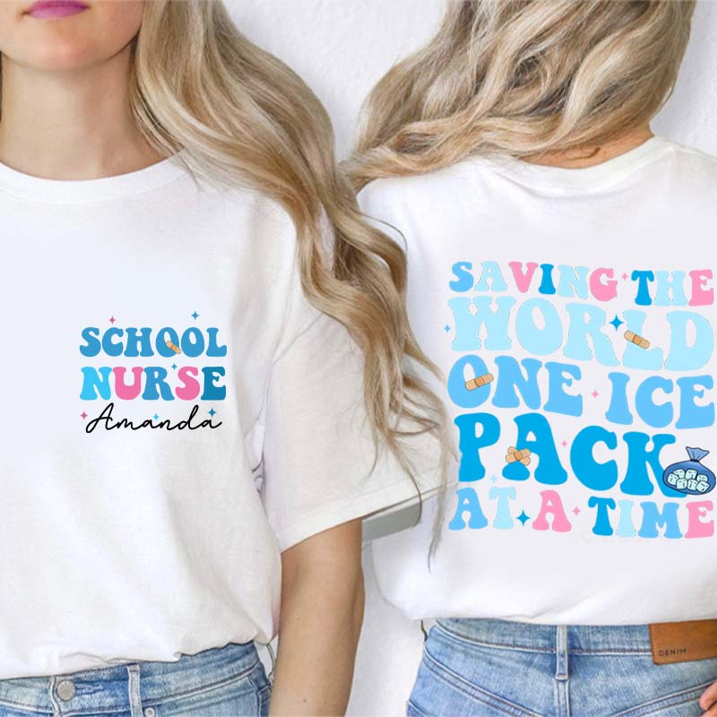 Personalized Saving The World One Ice Pack At A Time Teacher Two Sided T-Shirt