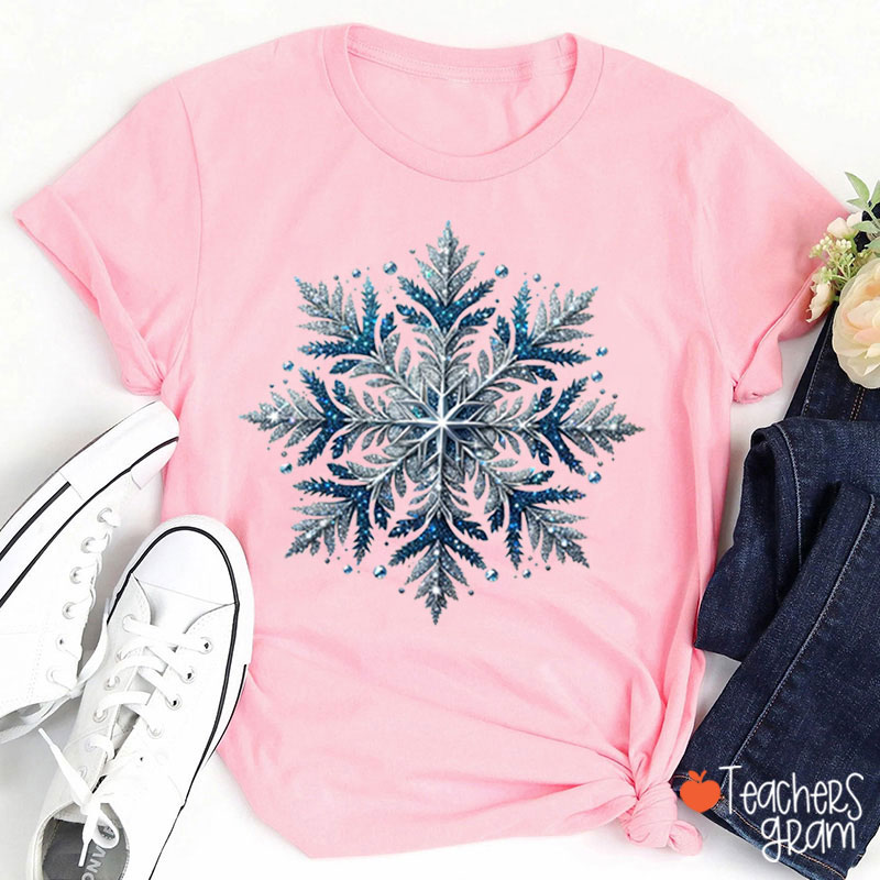 Shining Blue Snowflakes Winter Vibes Teacher T-Shirt