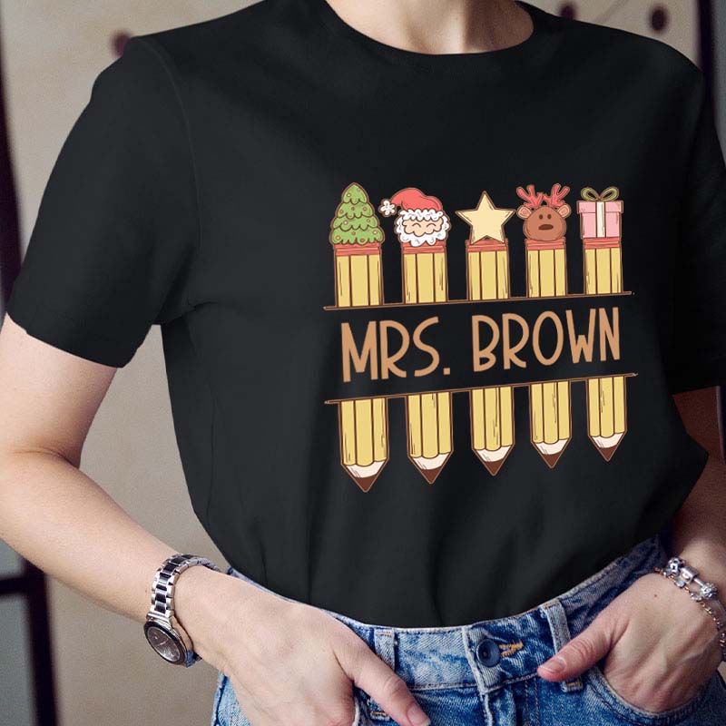 Personalized Name Christmas Pencils Teacher T-Shirt