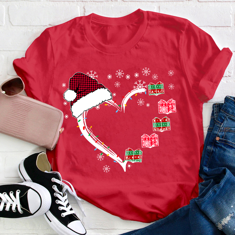 Christmas Books Heart Teacher T-Shirt