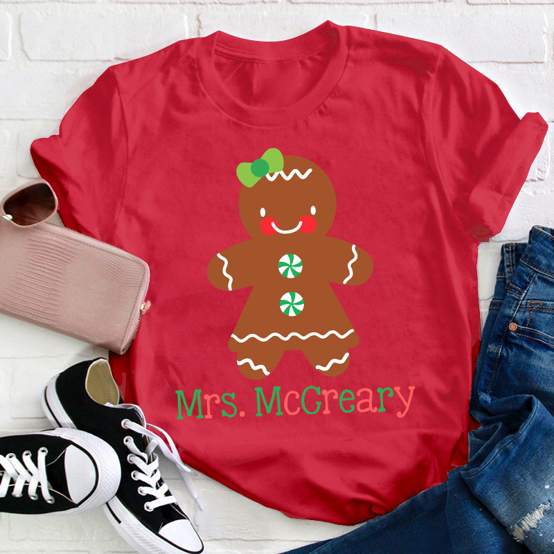 Personalized Name Cute Christmas Gingerbread Teacher T-Shirt