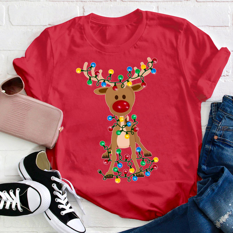 Elk Wrapped In Christmas Lights Teacher T-Shirt