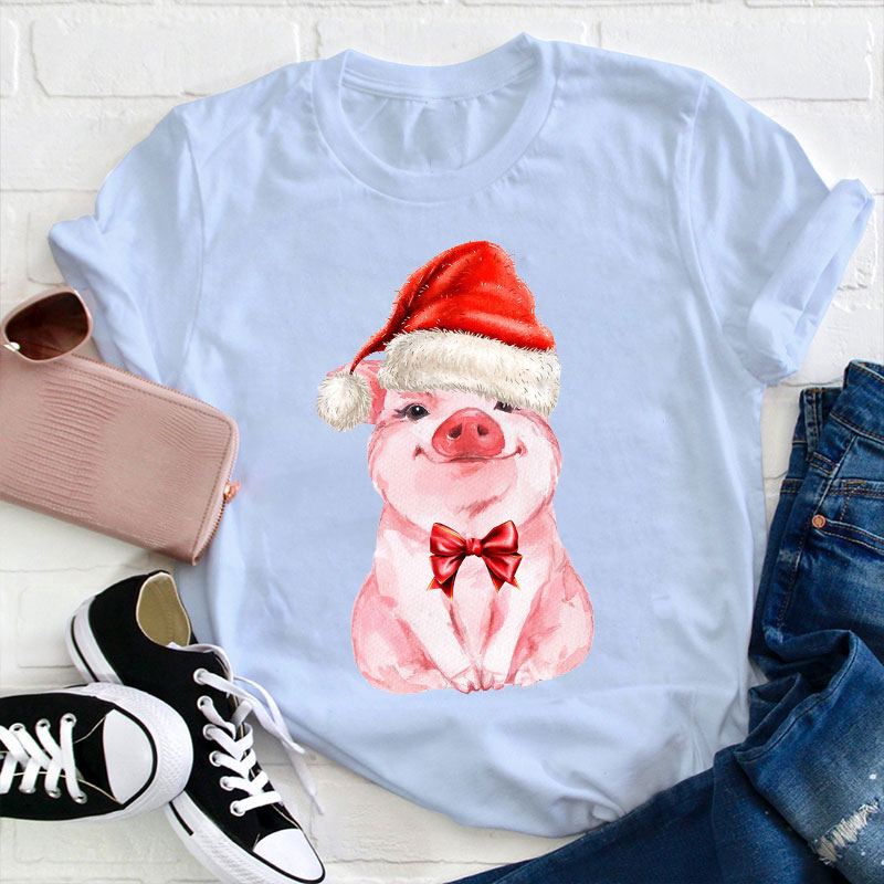 Cute Pig Wearing Christmas Hat Teacher T-Shirt