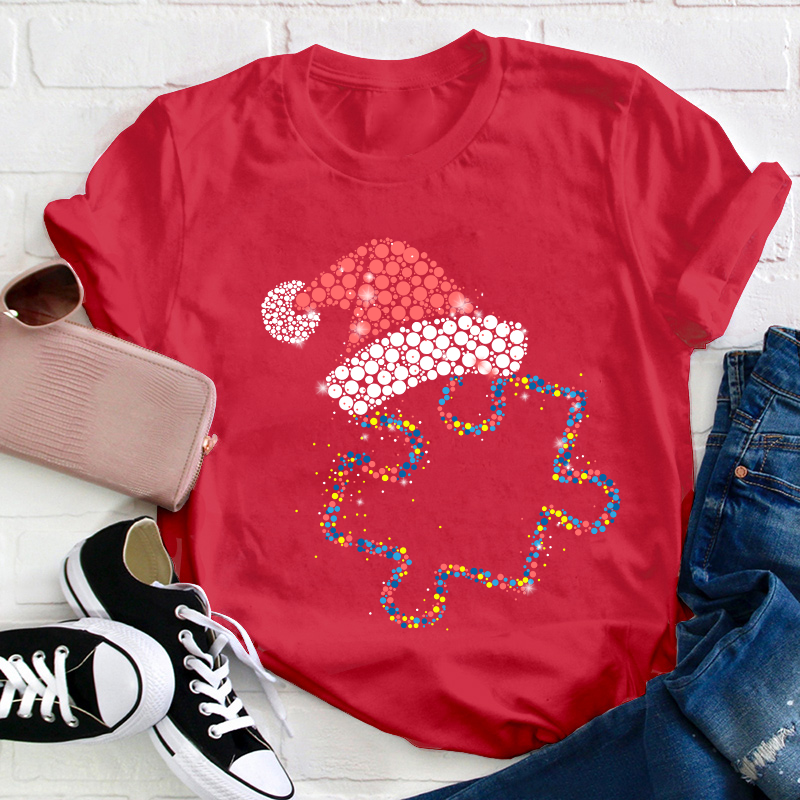 Colorful Puzzle Christmas Hat Teacher T-Shirt