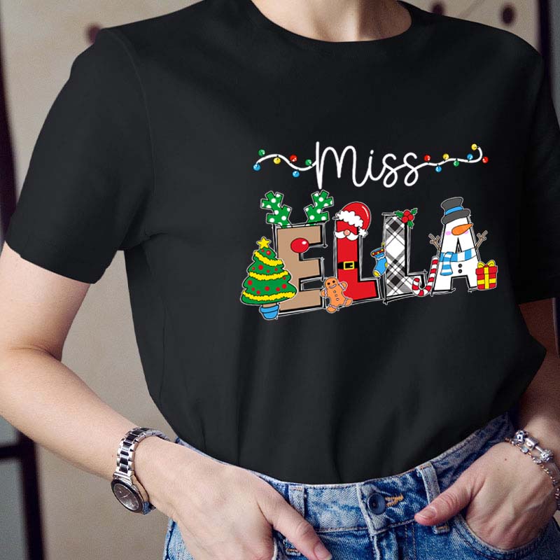 Personalized Name Cute Christmas Elements Teacher T-Shirt