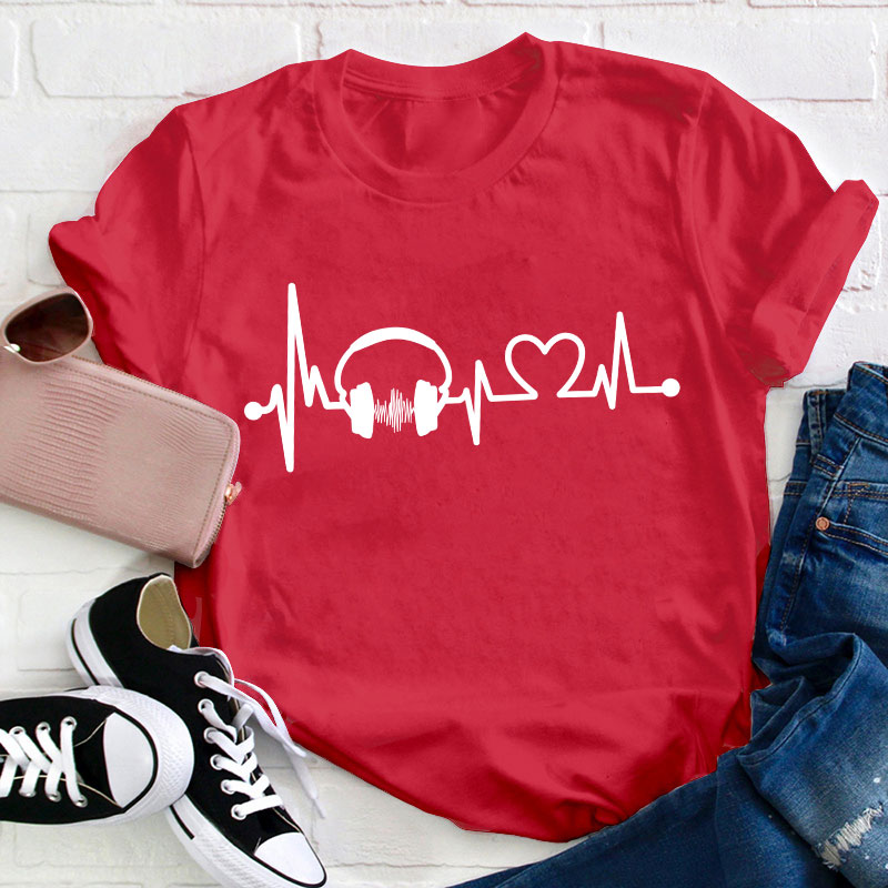 Music Headphones And Heartbeat Teacher T-Shirt